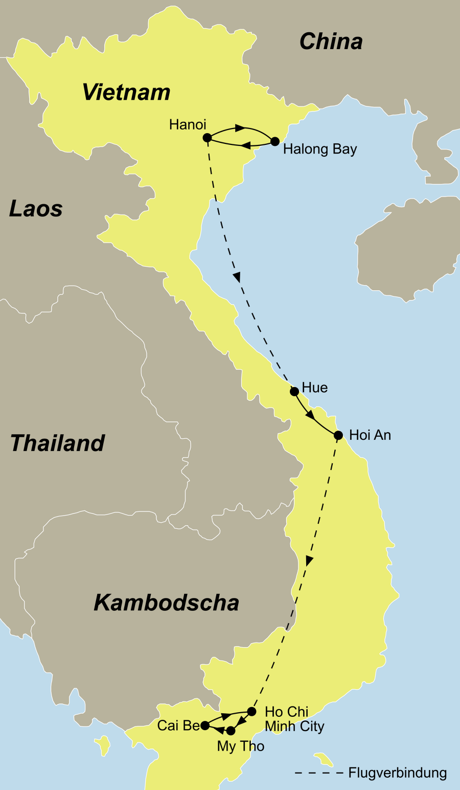 Der Reiseverlauf zu unserer Vietnam Reise - Erlebe Vietnam startet in Hanoi und endet in Saigon.