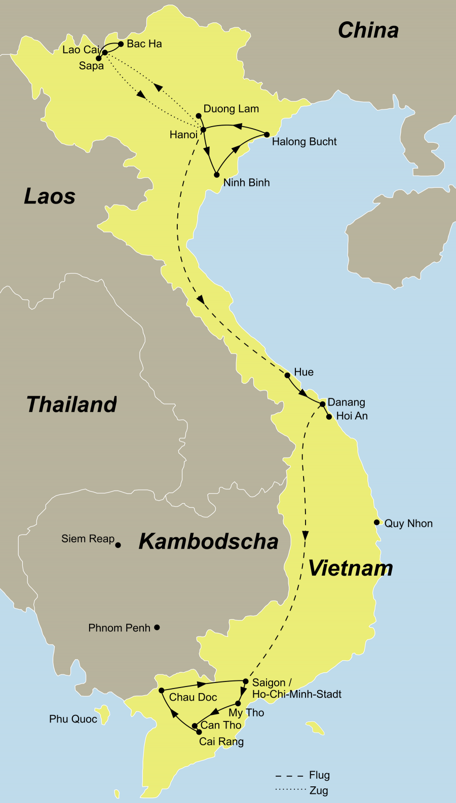 Die Vietnam Rundreise führt von Hanoi über Duong Lam – Hanoi – Lao Cai -- Lao Cai – Sapa -- Bac Ha – Lao Cai – Hanoi -- Ninh Binh – Halong Bucht -- Hanoi – Hue -- Danang – Hoi An -- Danang – Saigon -- Can Tho -- Cai Rang – Chau Doc zurück nach Saigon.