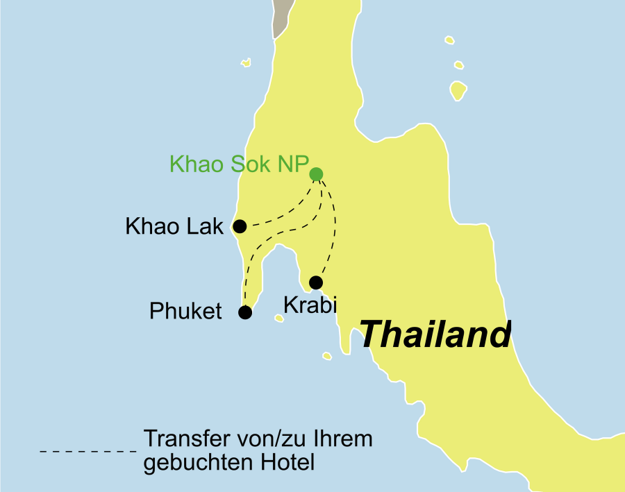 Die Thailand Rundreise führt von Phuket, Krabi oder Khaolak über den Khao Sok Nationalpark zurück zum Ausgangspunkt.