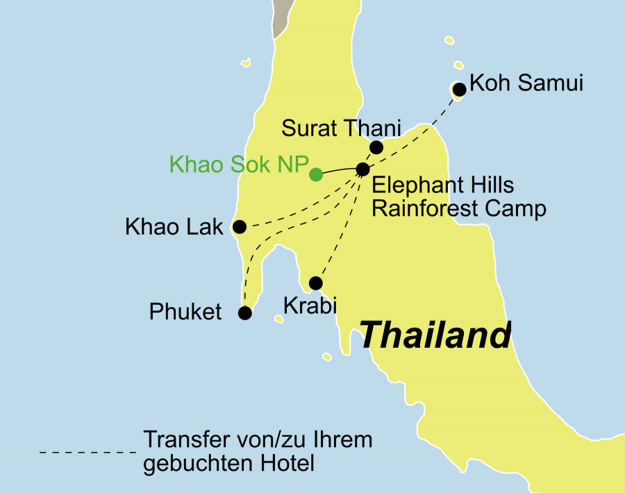 Die Thailand Rundreise führt von Phuket, Khaolak, Surat Thani, Koh Samui oder Krabi über den Khao Sok Nationalpark zurück zum Ausgangspunkt.