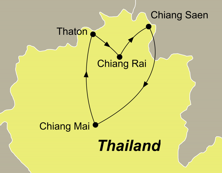 Die Thailand Rundreise führt von Chiang Mai über Thaton, Chiang Rai das Goldene Dreieck und Chiang Saen zurück nach Chiang Mai.