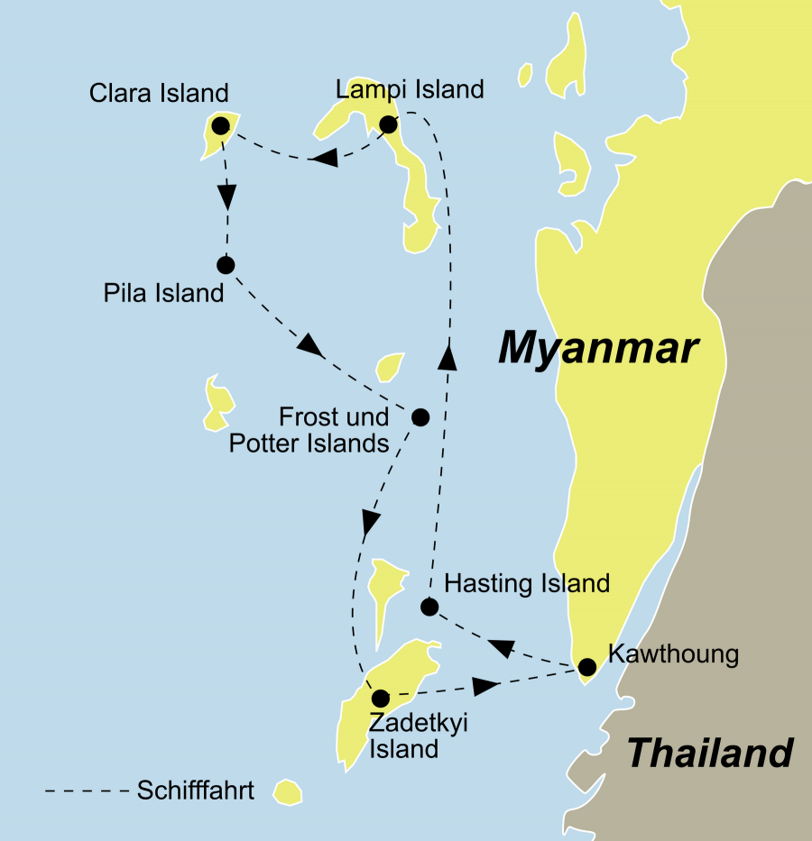 Der Myanmar Segeltörn führ von Kawthaung über Lampi Island nach Pila Island und wieder nach Kawthaung