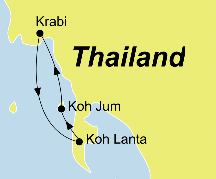 Die Thailand Rundreise führt von Krabi über Koh Lanta und Koh Jum wieder zürck nach Krabi.