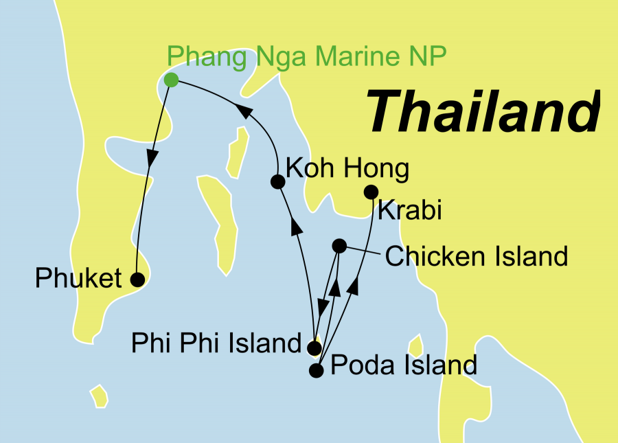Der Reiseverlauf zu unserer Thailand Reise Dschunken-Kreuzfahrt mit der Dauw Talae startet und endet je nach Reiserichtung in Krabi oder Phuket.