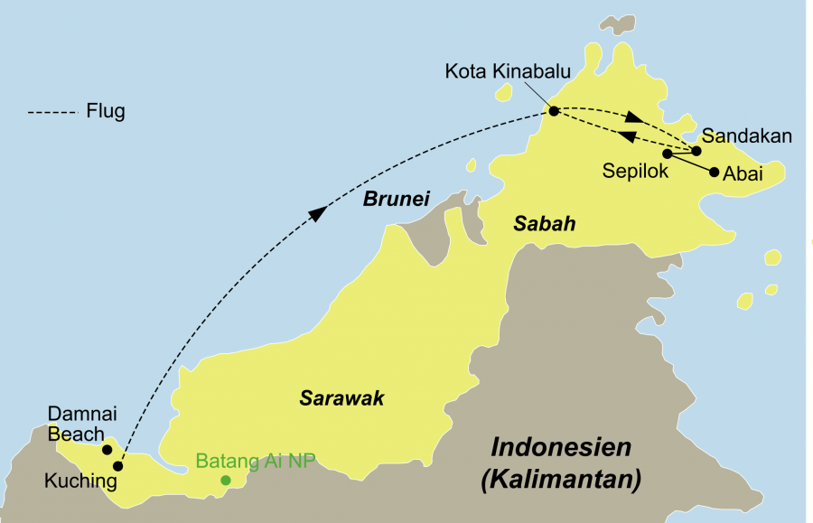 Die Rundreise im Land der Orang-Utans führt von Kuching nach Kota Kinabalu und Sandakan