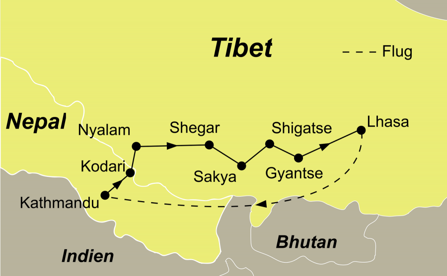 Die Tibet Rundreise führt von Kathmandu über Kodari – Nyalam – Shegar – Sakya – Shigatse – Gyantse – Lhasa zurück nach Kathmandu.