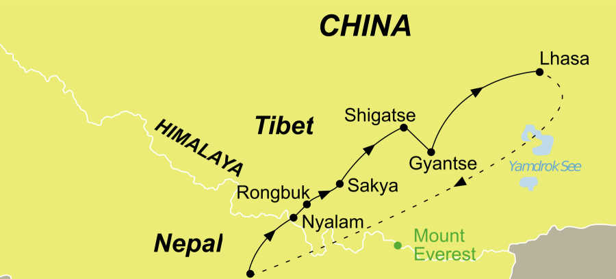 Die Tibet Rundreise führt von Kathmandu überNyalam – Shegar – Mt. Everest – Sakya – Shigatse – Gyantse – Lhasa zurück nach Kathmandu.