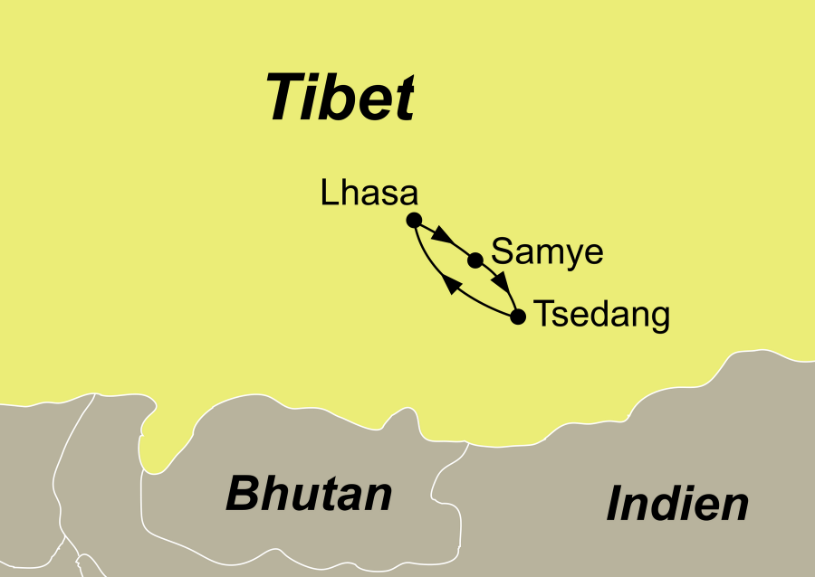 Die Tibet Rundreise führt von Lhasa über Samye – Tsedang zurück nach Lhasa.