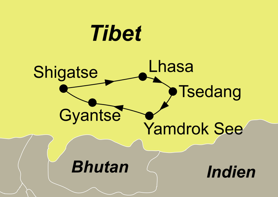 Die Tibet Rundreise führt von Lhasa über Tsedang – Yamdrok See – Gyantse – Shigatse zurück nach Lhasa.