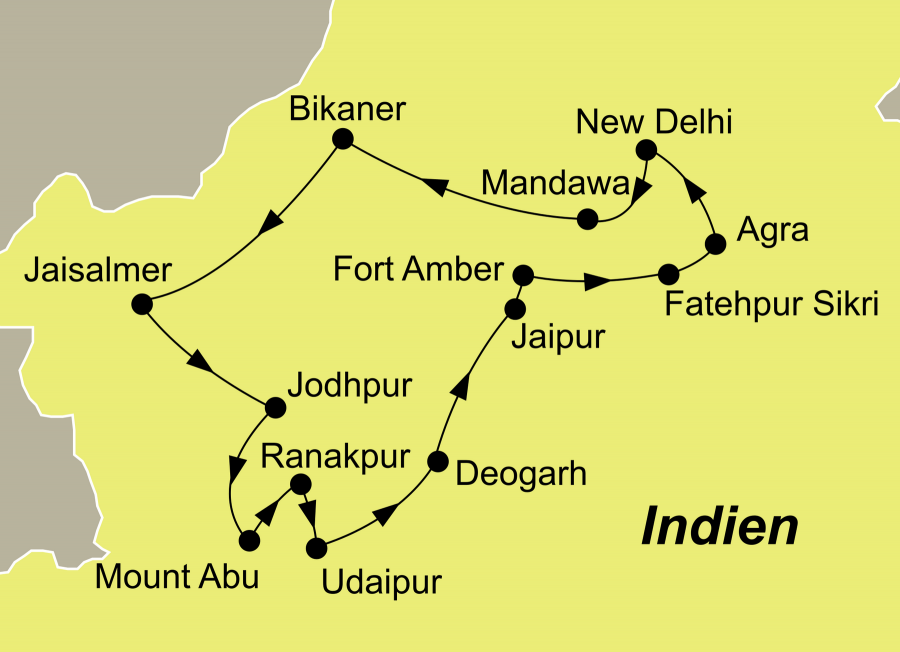 Der Reiseverlauf zu unserer Indien Reise Märchenhaftes Rajasthan startet und endet in Delhi.