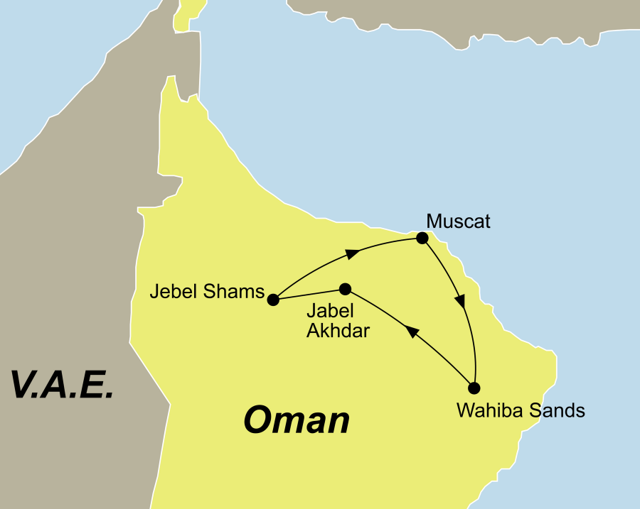 Der Reiseverlauf zu unserer Oman Reise Offroad Abenteuer startet in Muscat und endet in Muscat