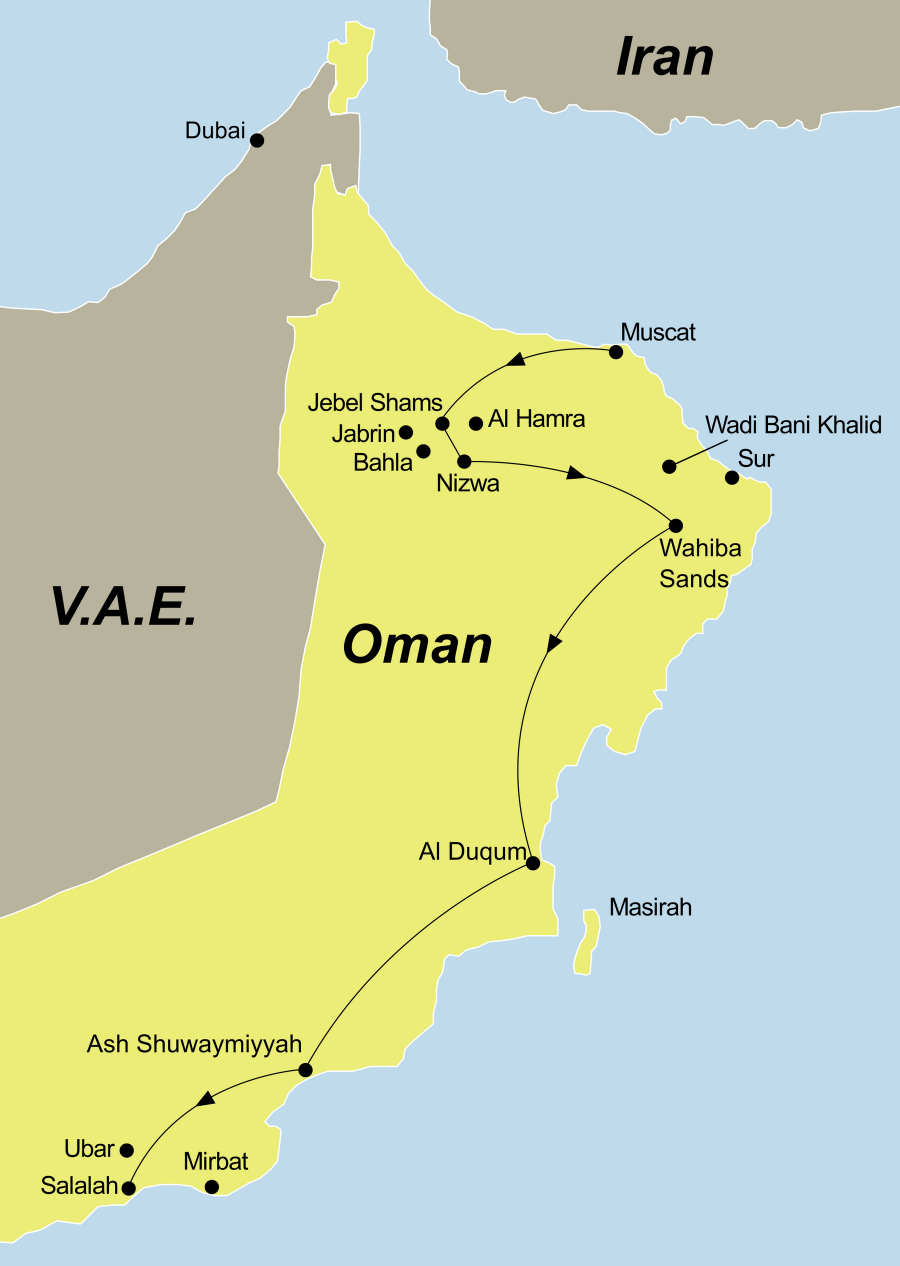 Die Oman Wüste, Weihrauch und Wadis Rundreise führt von Muscat über Nizwa nach Salalah