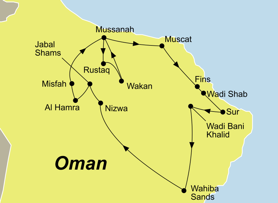 Die Oman Rundreise führt von Muscat über Al Hamra nach Muscat