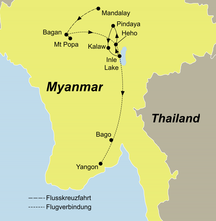 Individualreise Myanmar führt von Mandalay nach Irrawaddy Flusskreuzfahrt zum Inle See nach Yangon