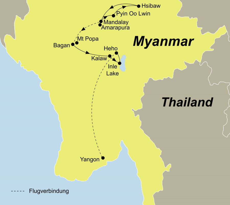 Die Kultur & Wandern Myanmar Rundreise führt von Mandalay über Bagan nach Yangon