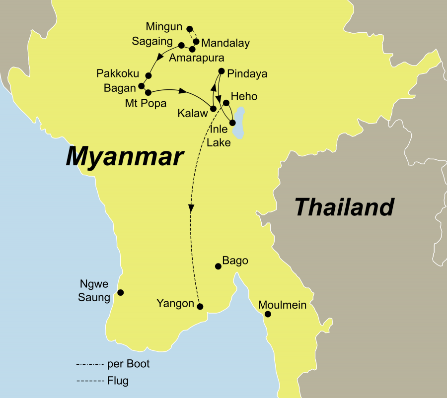 Die Best of Myanmar Rundreise führt von Mandalay über Bagan und Pindaya nach Yangon