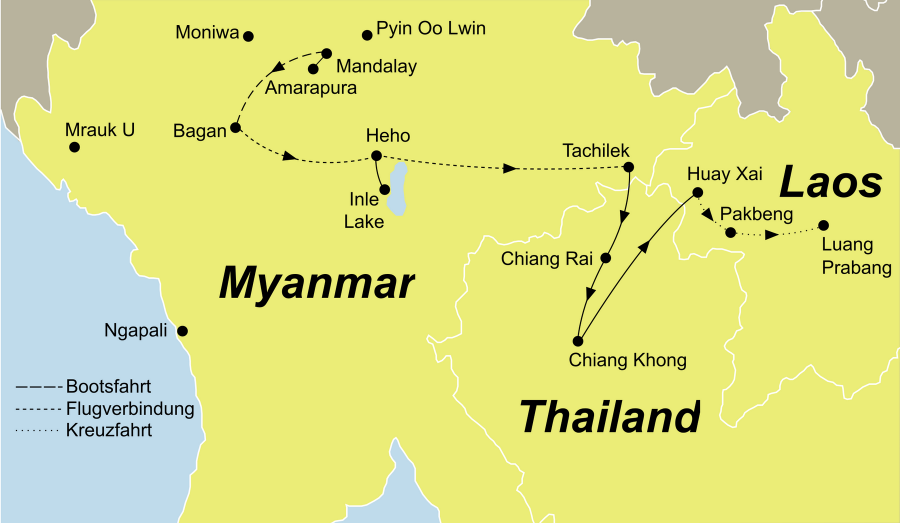 Die Myanmar Thailand und Laos Entdeckerreise führt von Mandalay über Bagan über Chiang Rai nach Prabang