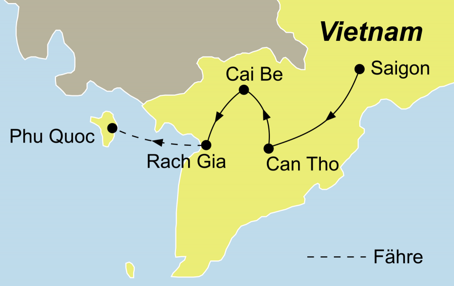 Die Flusskreuzfahrt im Mekong Delta Rundreise führt von Saigon bis zur Trauminsel Phu Quoc.