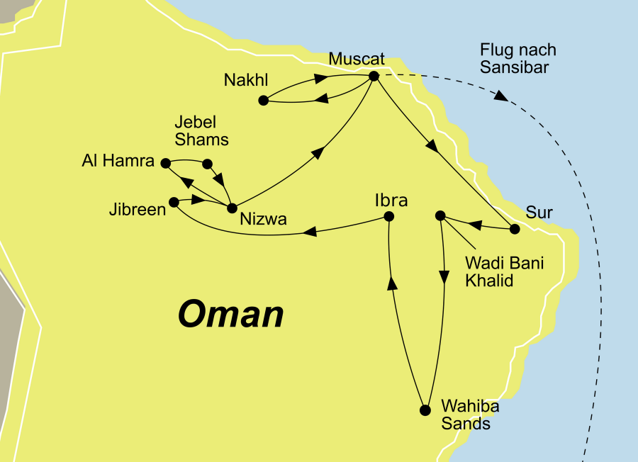 Der Reiseverlauf zu unserer Oman/Sansibar Reise Baden startet in Muscat und endet in Inselperle Sansibar