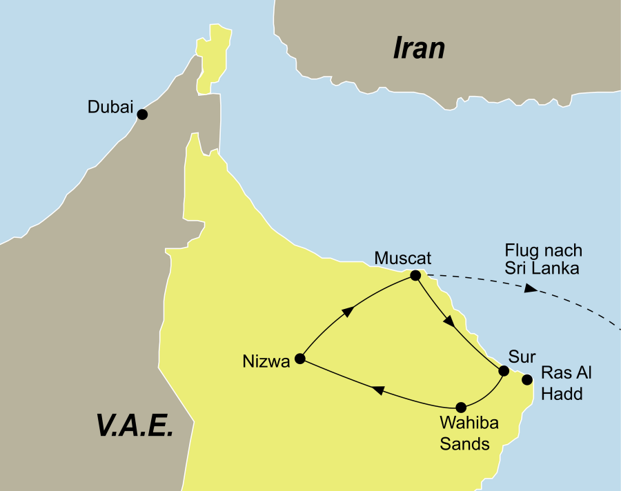 Der Reiseverlauf zu unserer Oman/Sri Lanka Reise startet in Muscat und endet in Colombo