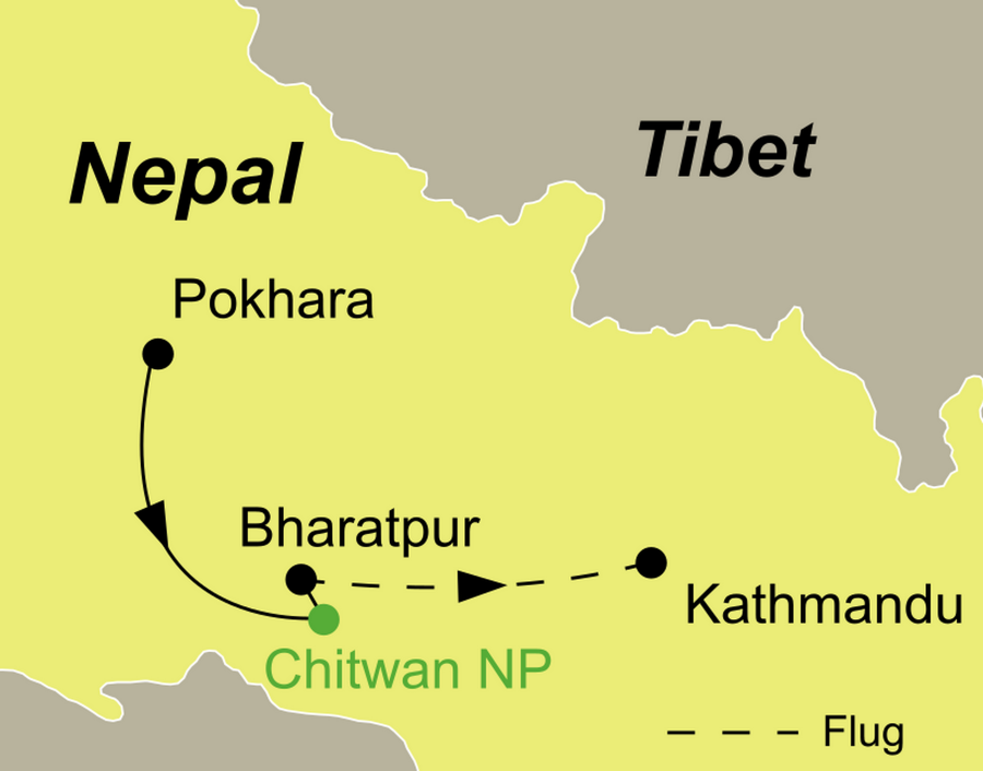 Reiseroute der Abenteuer Chitwan Nationalpark Rundreise führt von Pokhara über Chitwan Nationalpark bis nach Kathmandu