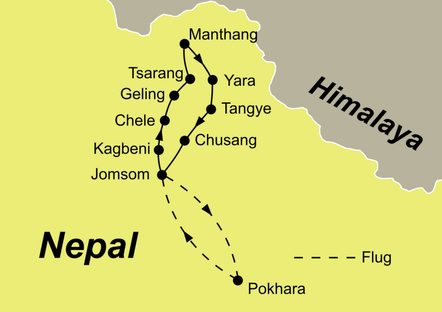 Die Reiseroute der Mustang Trekking Reise ab/bis Pokhara n Nepal