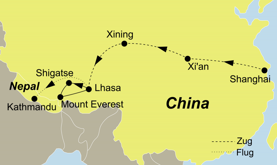Die Tibet Rundreise führt von Shanghai über Xi´an - Xining - Lhasa - Shigatse nach Kathmandu