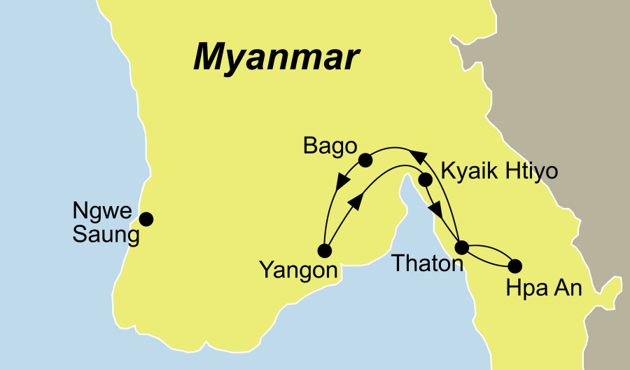Die Myanmar Rundreise zum Golden Rock und Hpa An führt von Yangon über Golden Rock nach Yangon