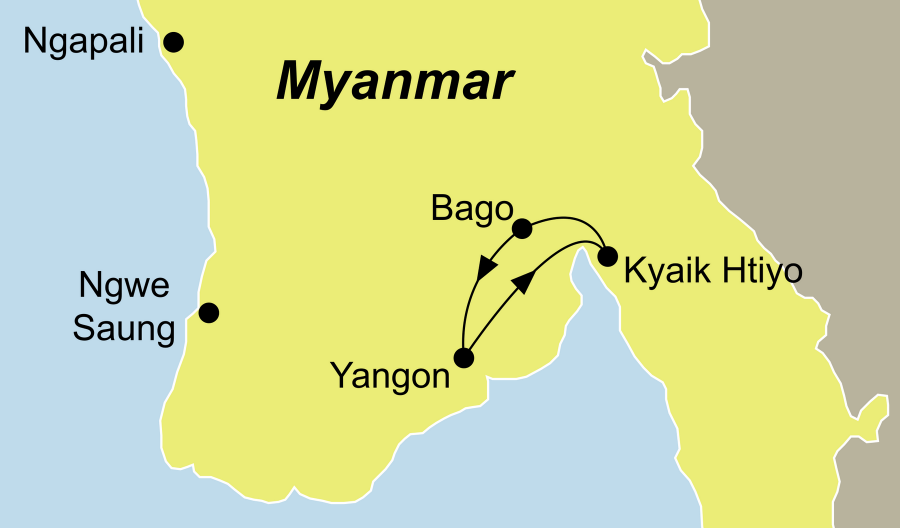 Die Myanmar- Ausflug zum Golden Rock Rundreise führt von Yangon über Kyaik Htiyo nach Yangon