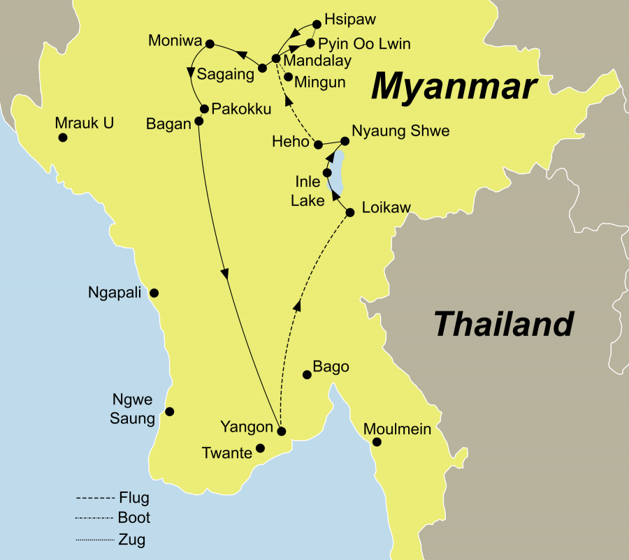 Die Myanmar Tour für Entdecker Rundreise führt von Yangon über Lake Inle über Bagan nach Yangon