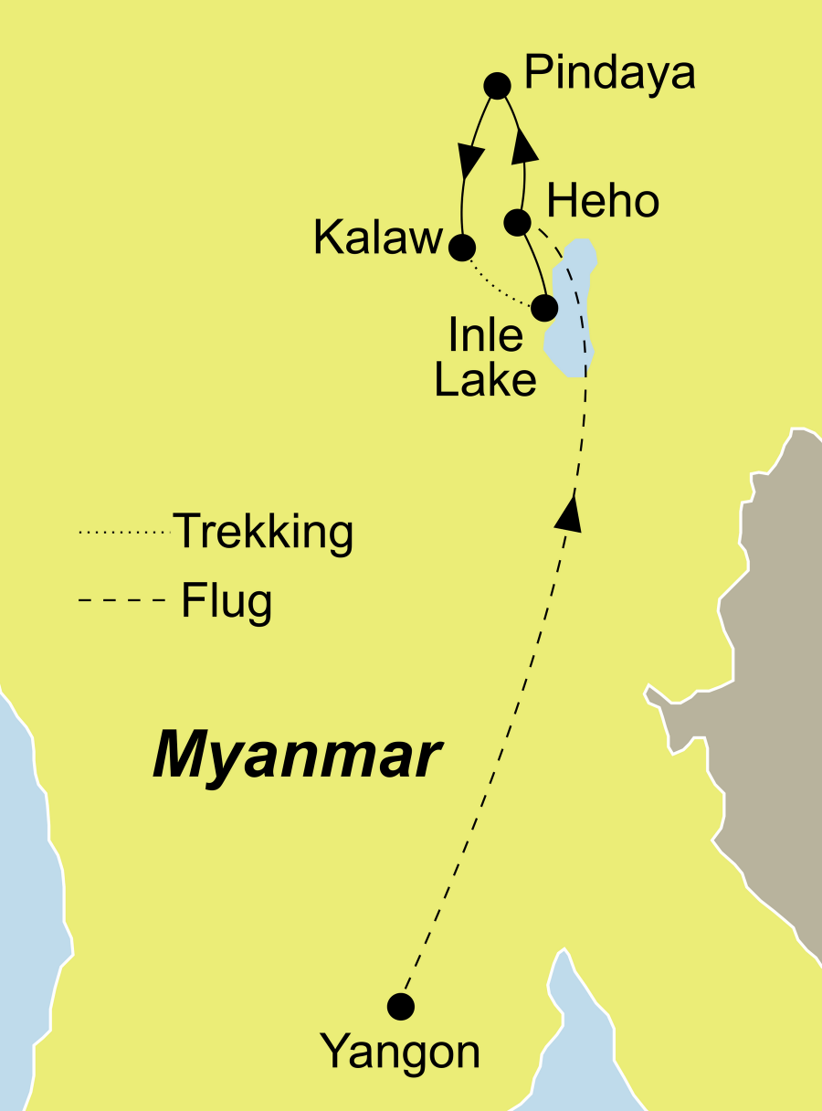Die Myanmar Soft Trekking Rundreise führt von Yangon über Pindaya nach Heho