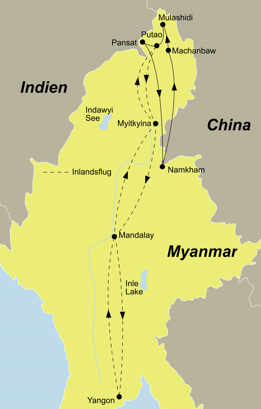 Die Myanmar Trekking Rundreise führt von Yangon über Pansat nach Putao