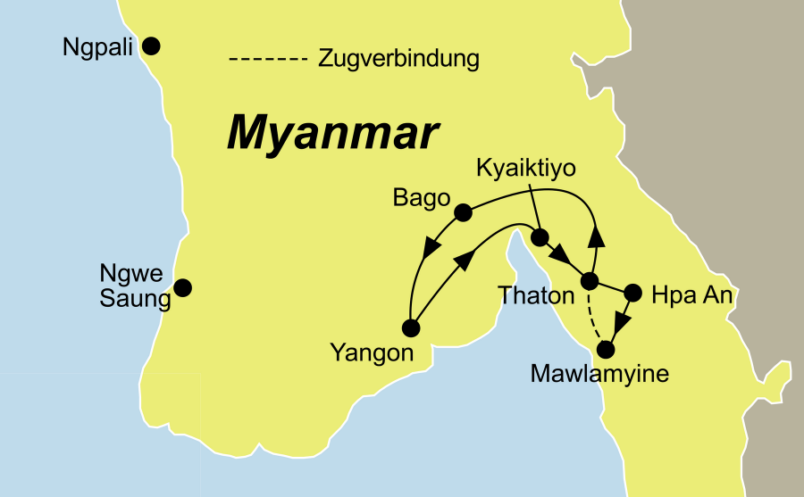 Die Rundreise der faszinierende Süden Myanmars führt von Yangon über Hpa An nach Yangon