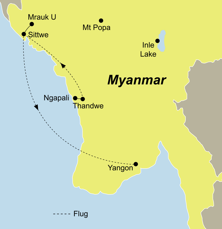 Die Myanmar Rundreise ins Königreich Rakhine führt von Ngapali über Mrauk U nach Yangon