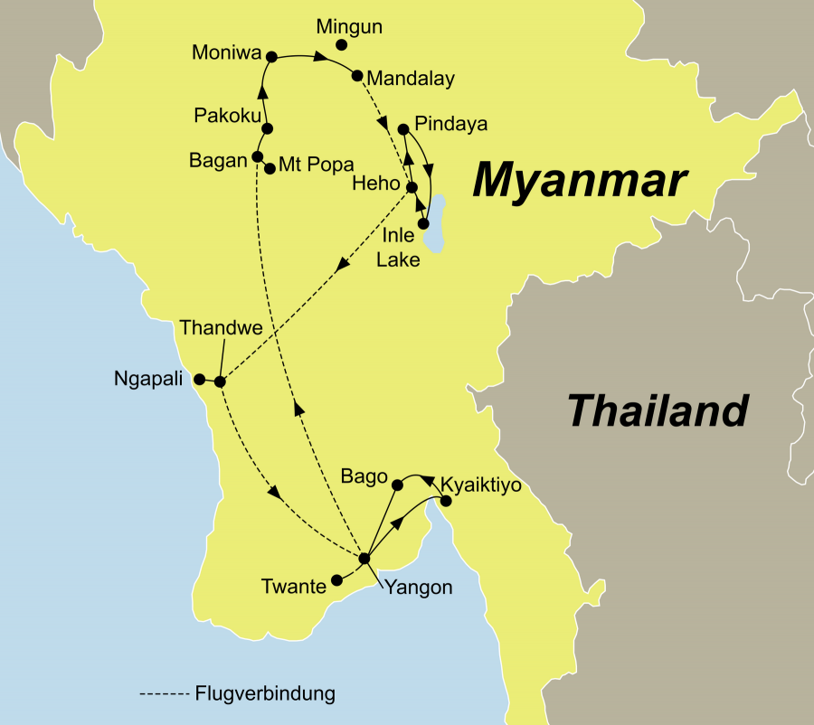 Die Myanmar Hautnah erleben Rundreise führt von Yangon über Bagan und Mandalay nach Yangon