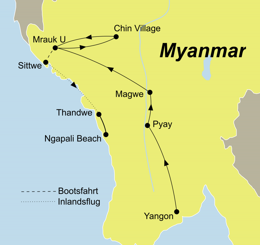 Die Geheimnisvolles Myanmar Rundreise führt von Yangon über Pyay und Sittwe nach Ngapali Beach