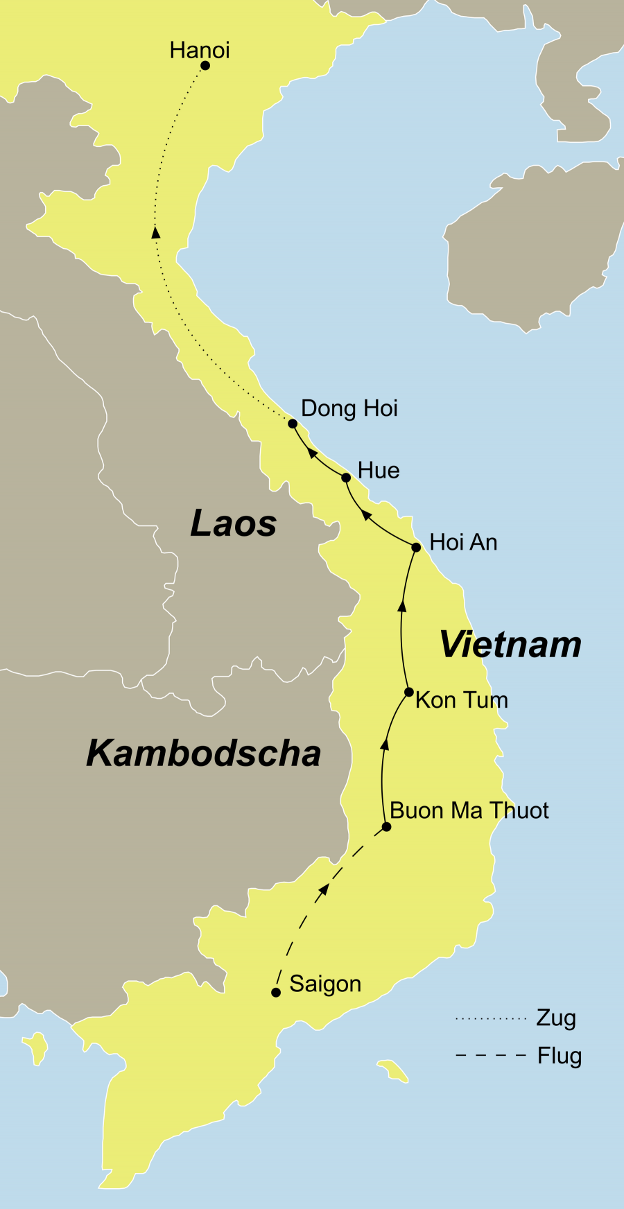 Die Vietnam Rundresie führt von Saigon über Buon Ma Thuot – Kon Tum – Hoi An – My Son – Hue – Phong Nga Nationalpark nach Hanoi.