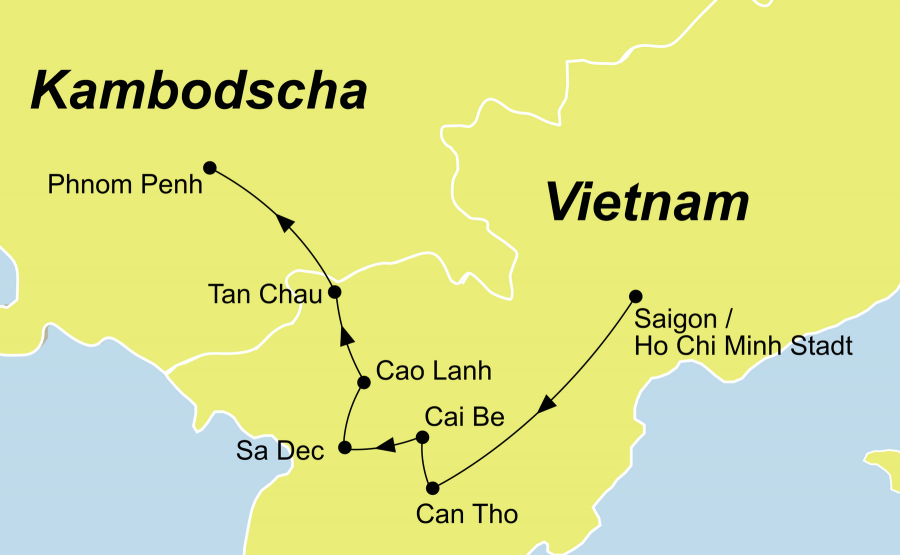 Der Reiseverlauf zu unserer Vietnam Kambodscha Reise startet in Saigon und endet in Siem Reap.