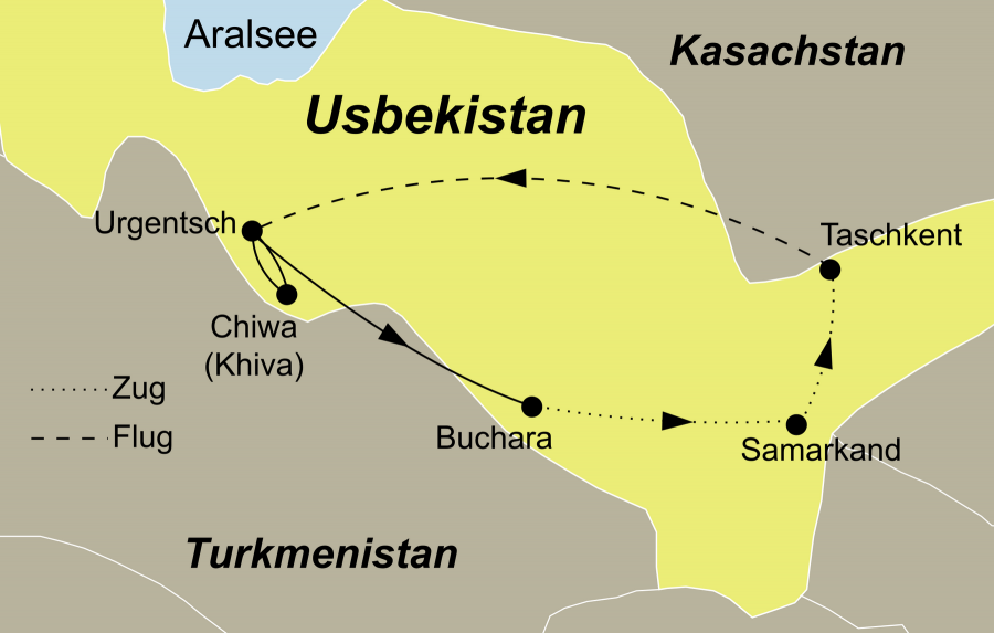 Die Erlebnisreise Usbekistan Rundreise führt von Taschkent über Urgench nach Samarkand