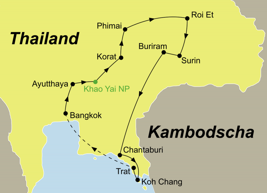 Der Reiseverlauf zu unserer Thailand Reise fürht von Bangkok über Ayutthaya - Khao Yai Nationalpark – Korat – Phimai – Roi Et – Surin – Buriram – Chantaburi nach Koh Chang