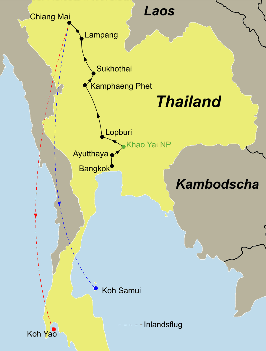 Der Reiseverlauf zu unserer Thailand Reise führt von Bangkok über Ayutthaya – Khao Yai – Lopburi – Khamphaeng Phet – Sukhothai – Lampang – Chiang Mai nach Koh Samui oder Koh Yao