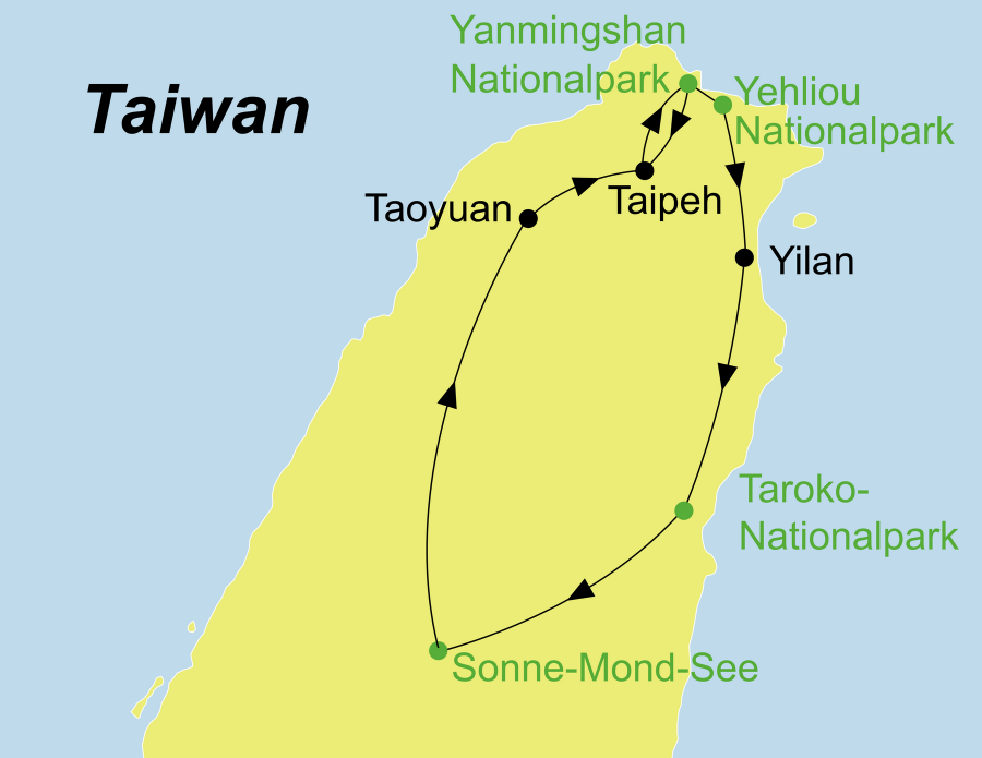 Dei Wandern Taiwan Rundreise führt von Taipeh über Yangmingshan Nationalpark, Yeliou Nationalpark, Taroko Nationalpark Hehuanshan Berg zum Sonne-Mond-See.