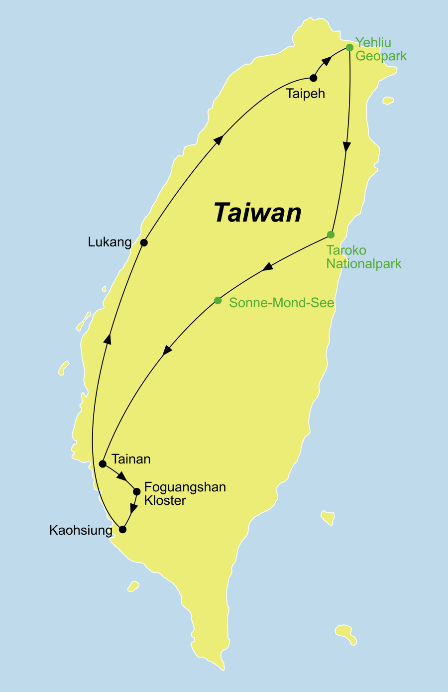 Die Taiwan kompakt Rundreise führt von Taipeh über den Tarolo Nationalpark, den Sonne-Mond-See, Tainan, das Foguangshan Kloster, Kaoshiung und Luhang zurück nach Taipeh.