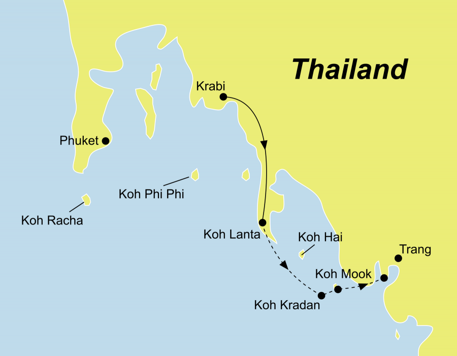 Die Thailand Rundreise führt von Krabi über Koh Lanta, Koh Kradan und Koh Mook zurück nach Krabi oder nach Trang.