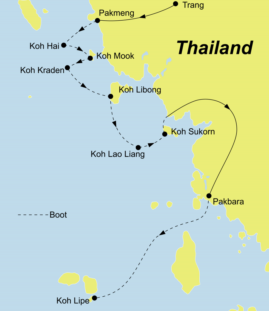 Die Thailand Rundreise führt von Trang oder Krabi über Pakmeng, Koh Hai, Koh Mah, Koh Cheuk, Koh Mook, Koh Kradan, Koh Libong, Koh Takiang, Koh Laoliang, Koh Sukorn, Koh Lipe und Pakbara zurück nach Trang oder nach Hat Yai.