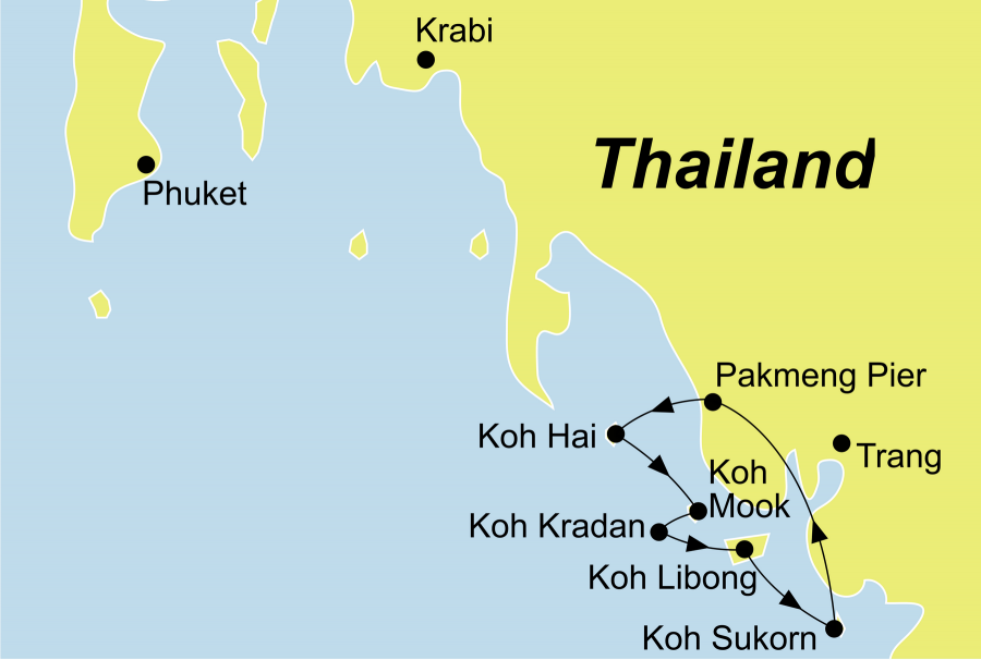 Die Thailand Rundreise führt von Trang oder Krabi über Koh Hai, Koh Mah, Koh Cheuk, Koh Mook, Koh Libong und Koh Sukorn wieder zurück zum Ausgangspunkt.