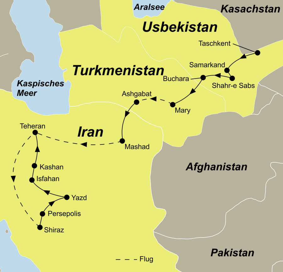 Die geheimnisvolle Seidenstraße Rundreise führt von Usbekistan über Turkmenistan in den Iran