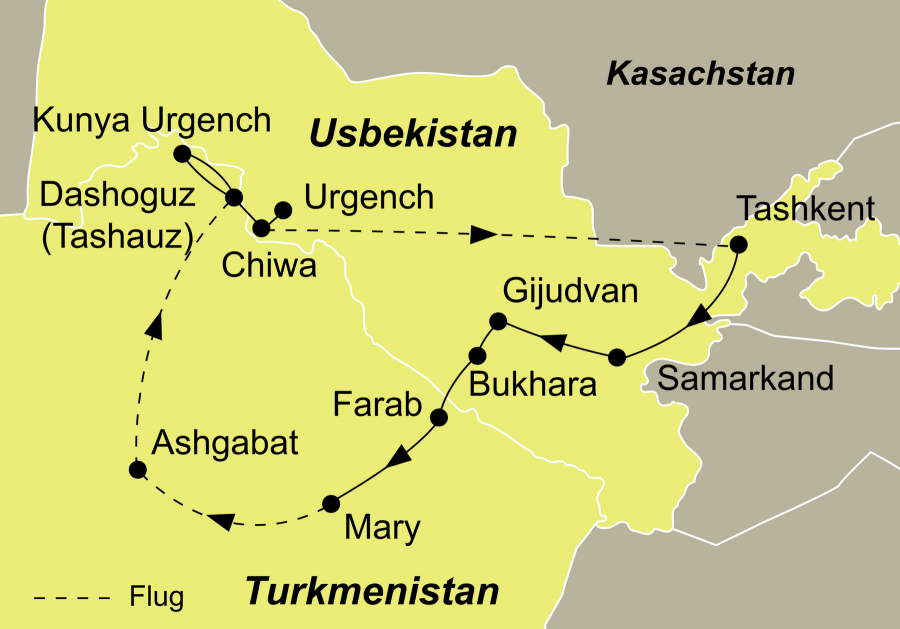 Die Usbekistan und Kirgistan Kombi Rundreise führt von Taschkent über Buchara nach Fergana und Bischkek