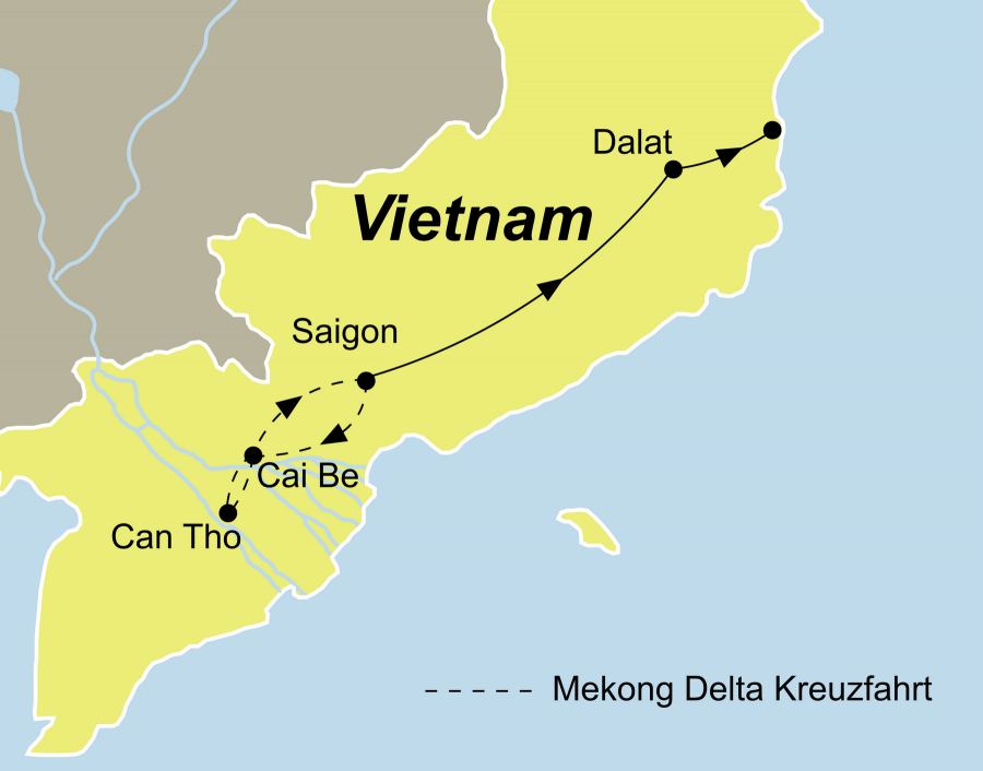 Der Reiserverlauf zu unserer Vietnam Reise - Vietnam entdecken startet in Saigon und endet in Nha Trang (alternative Phan Thiet/Mui Ne).