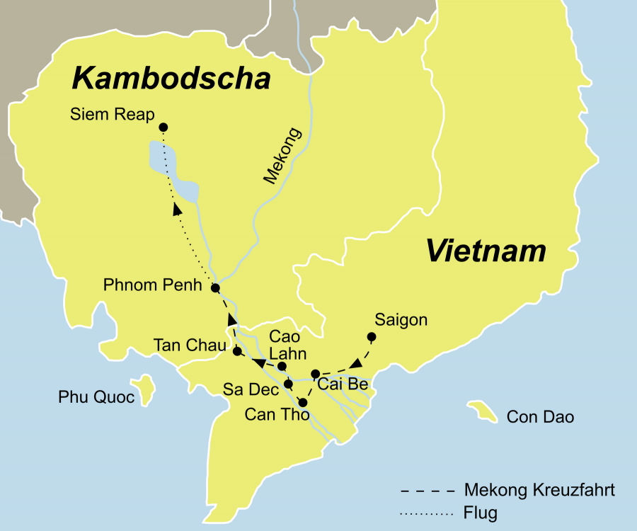 Der Reiseverlauf zu unserer Vietnam Kambodscha Reise startet in Saigon und endet in Siem Reap